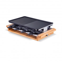 Raclette 3 en 1 avec cadre en bambou veritable 8 personnes noir
